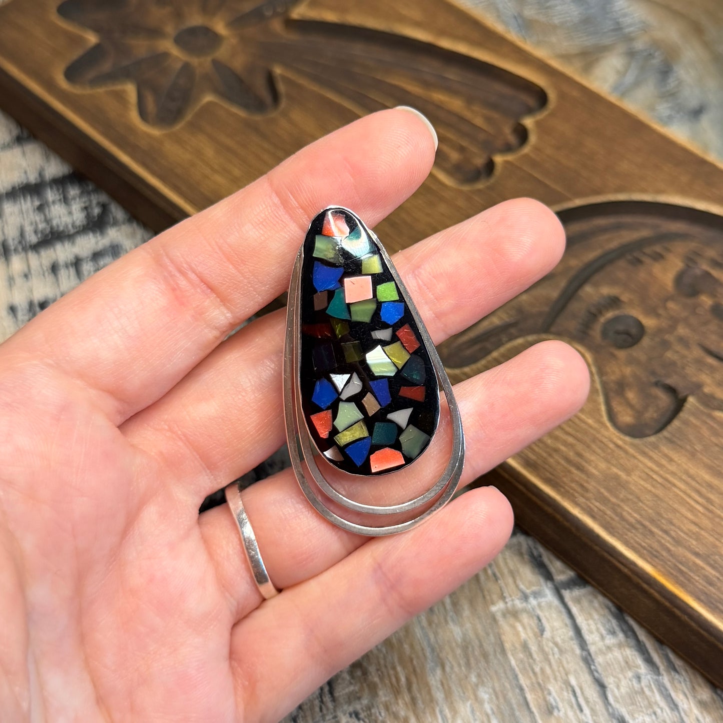 Beautiful Modernist Confetti Mosaic Sterling Silver Israel Multi Use Pendant / Brooch