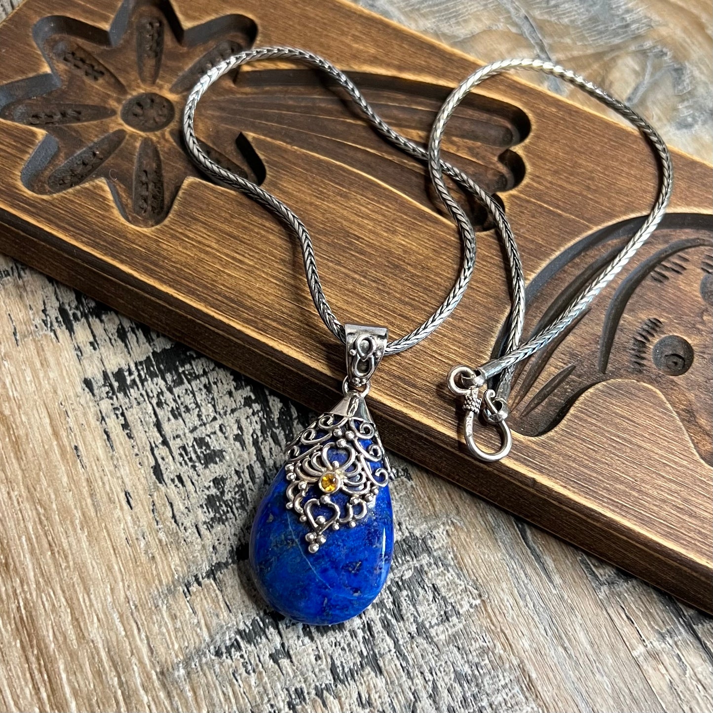 Designer Sterling Silver Chunky Doug Paulus Lapis with Citrine Pendant Necklace