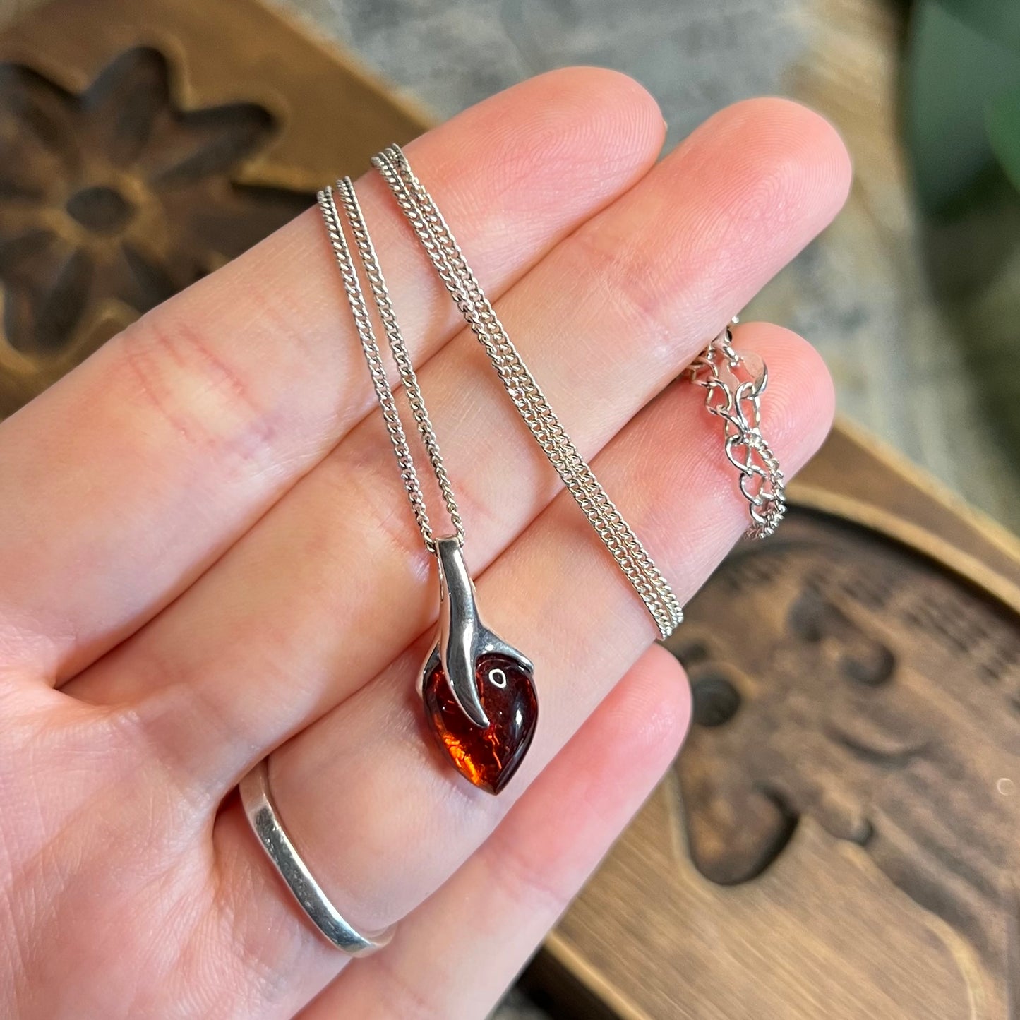 Sterling Silver Cognac Amber Floral Drop Pendant Necklace