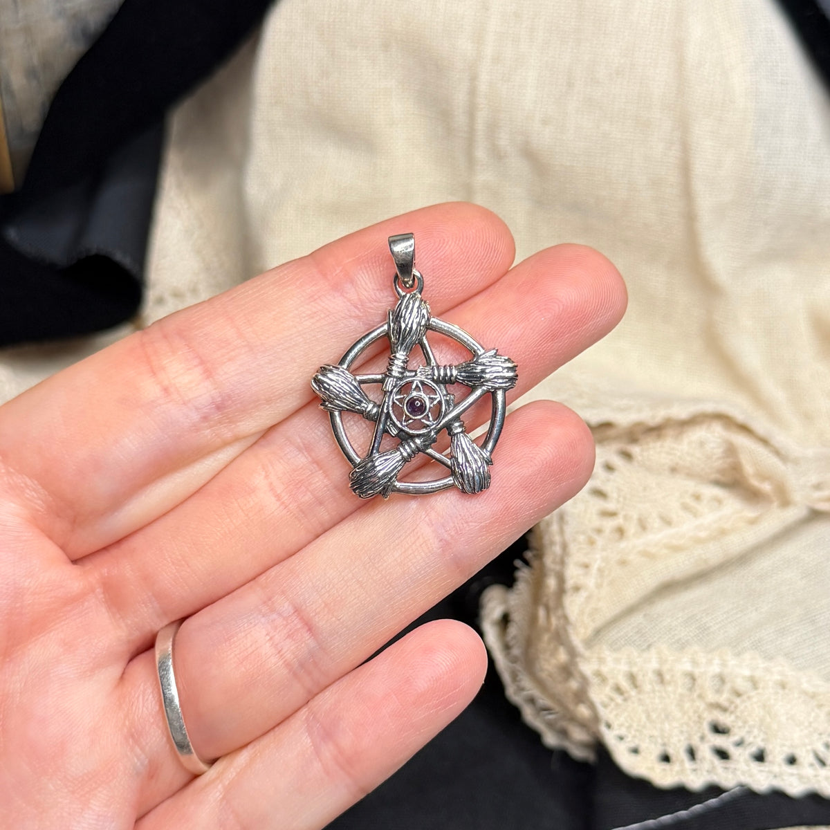 Spooky Sterling Silver Amethyst Witches Broom Pentacle Pendant