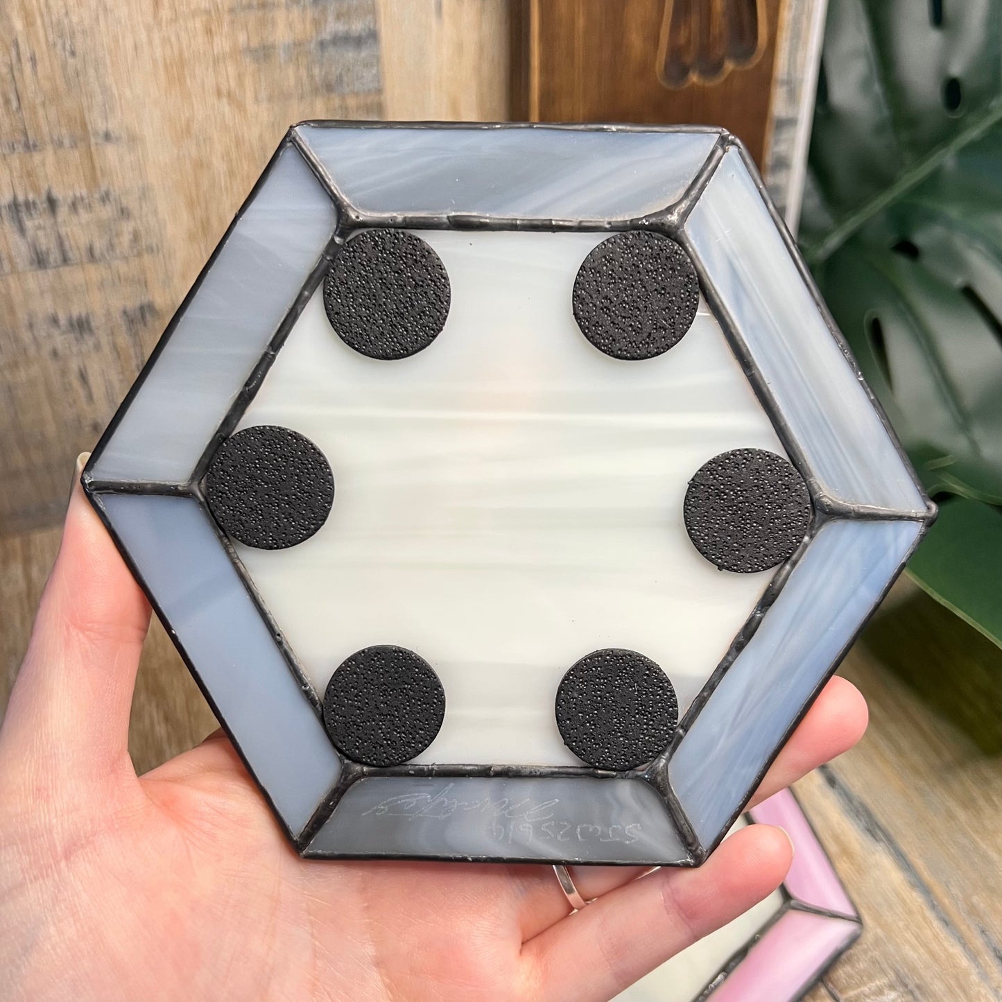 Vintage Handmade and Signed Stained Glass Hexagon Coaster Set