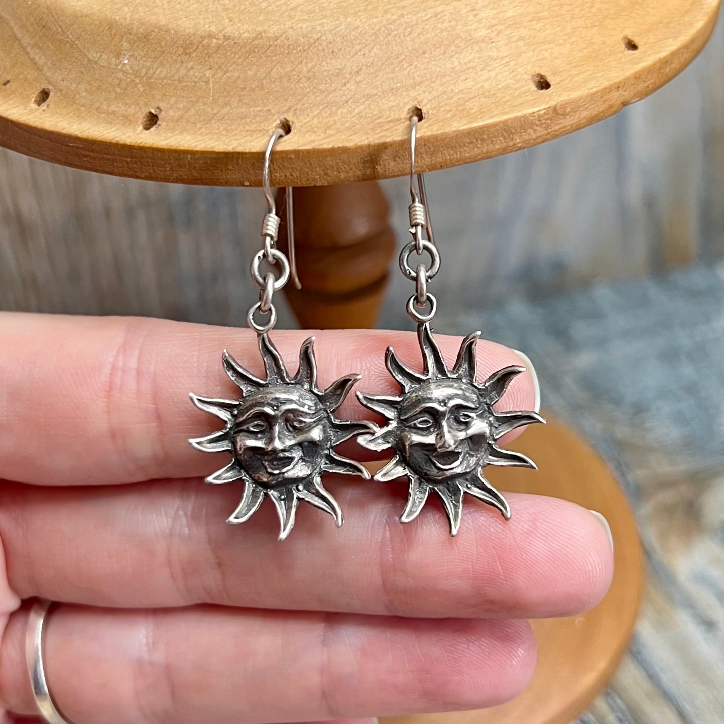 Vintage Celestial Sterling Silver Sun Face Earrings