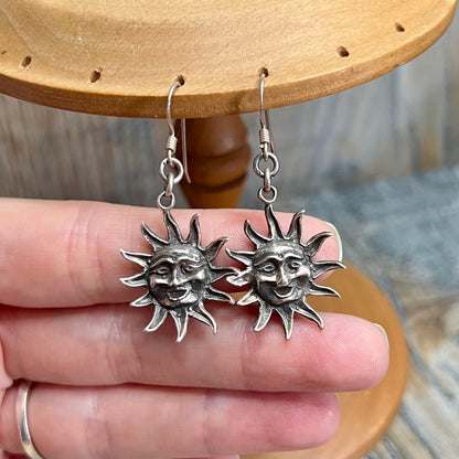Vintage Celestial Sterling Silver Sun Face Earrings