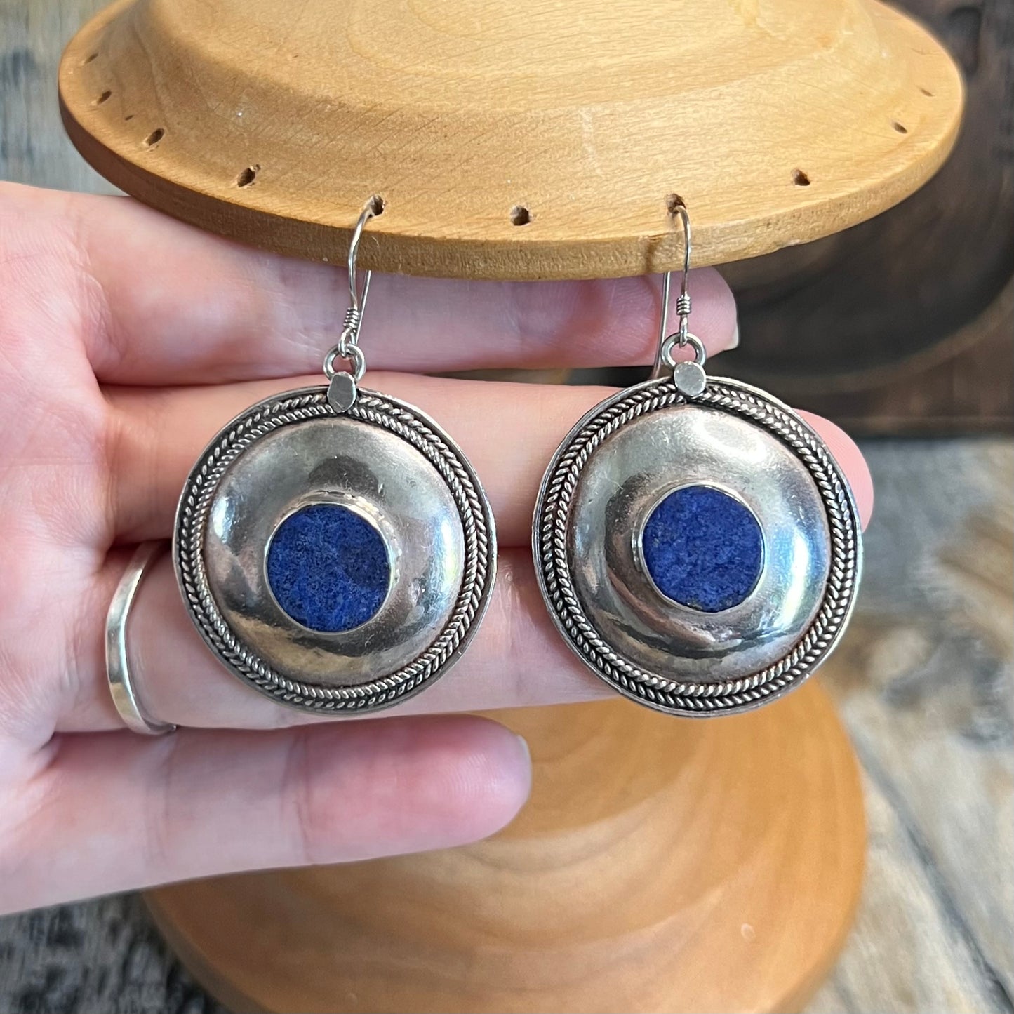 Chunky Sterling Silver Lapis Lazuli Rope Edge Earrings