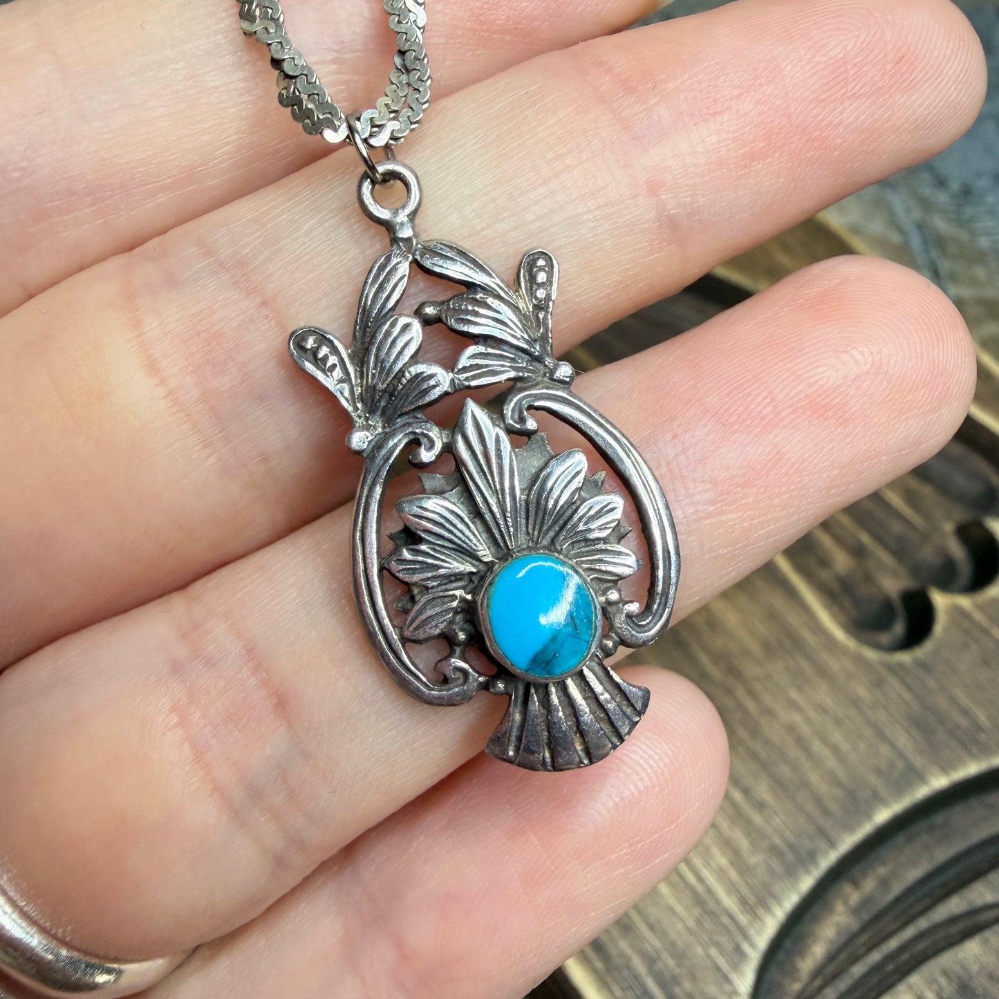 Beautiful Vintage Turquoise Floral Pendant and Textured Chain