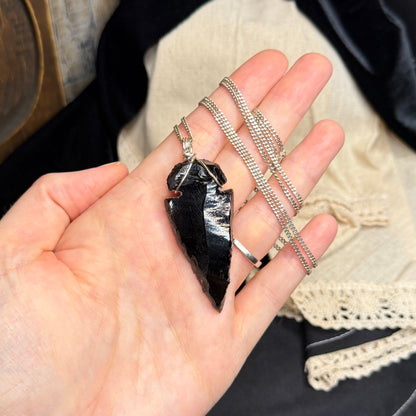 Magical Raw Black Obsidian Wire Wrapped Arrowhead with Sterling Silver 26 Inch Chain
