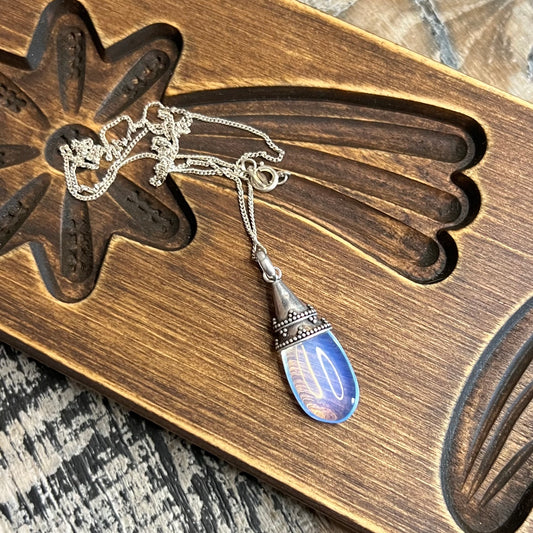Sterling Silver Bali Ornate Opalite Drop Pendant Necklace