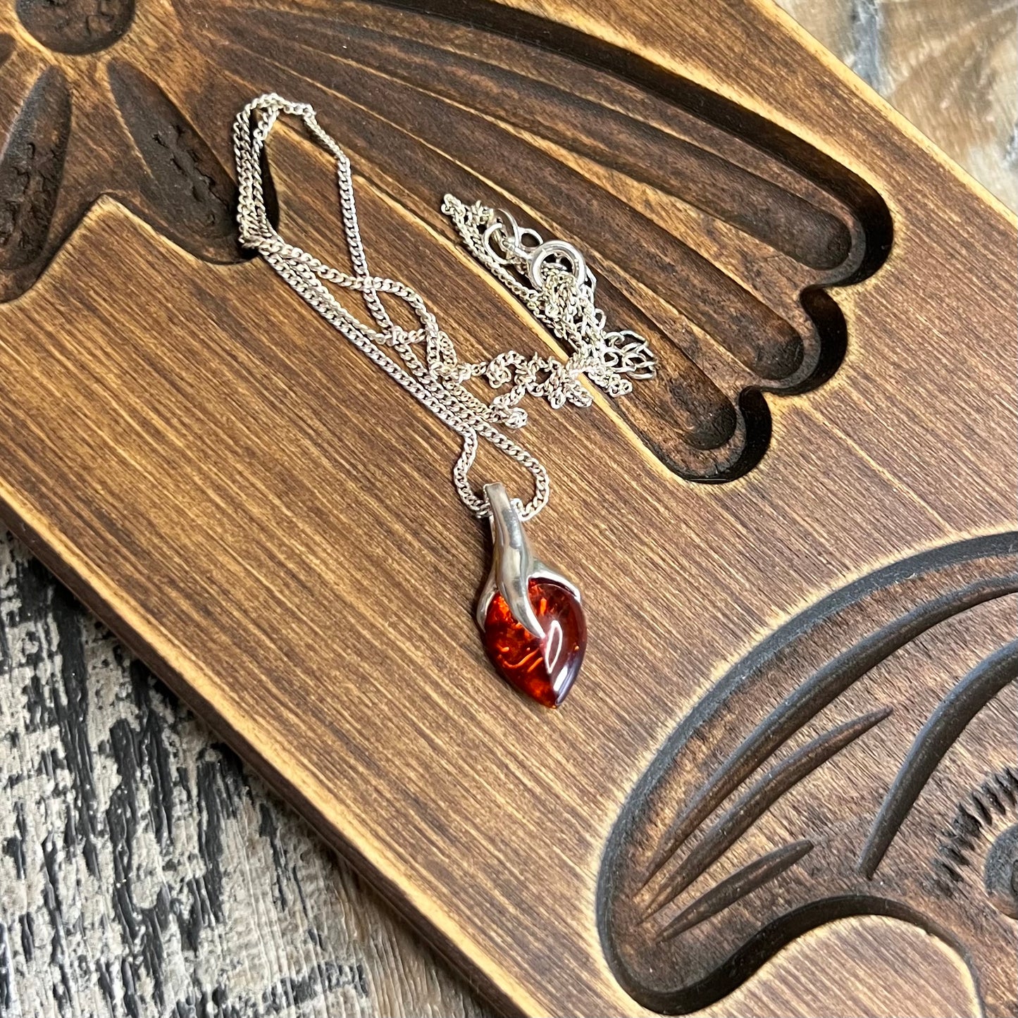 Sterling Silver Cognac Amber Floral Drop Pendant Necklace