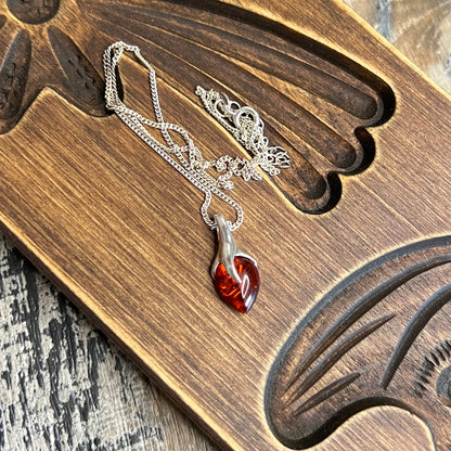 Sterling Silver Cognac Amber Floral Drop Pendant Necklace