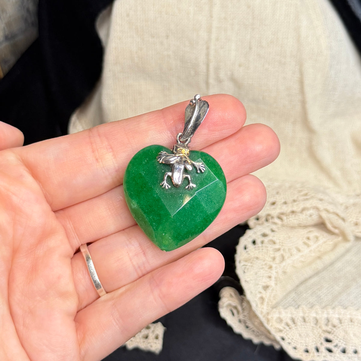 Whimsy Sterling Silver Faceted Green Gemstone Heart Frog Pendant