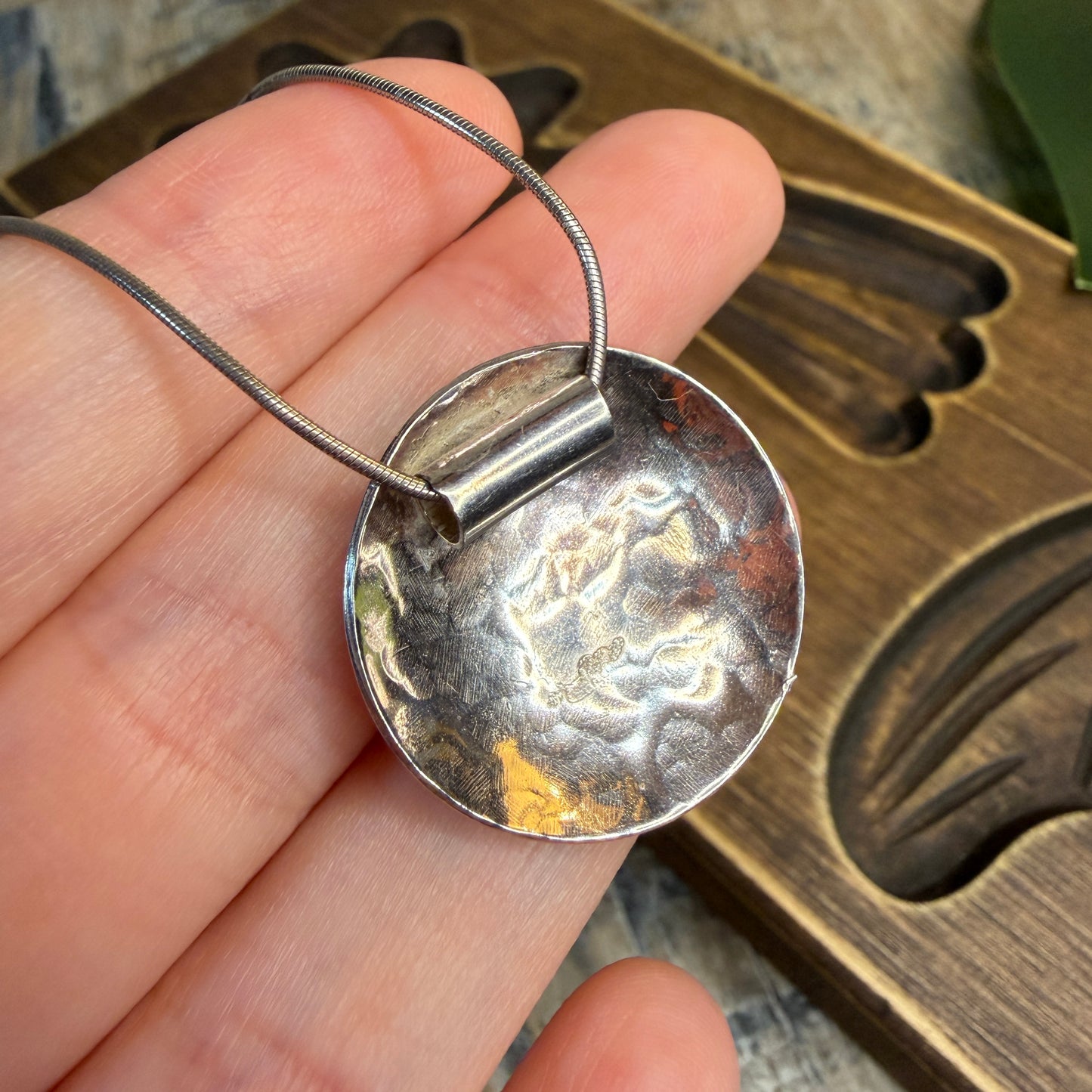 Dreamy Sterling Silver Artisan Hammered Moon Modernist Pendant Necklace