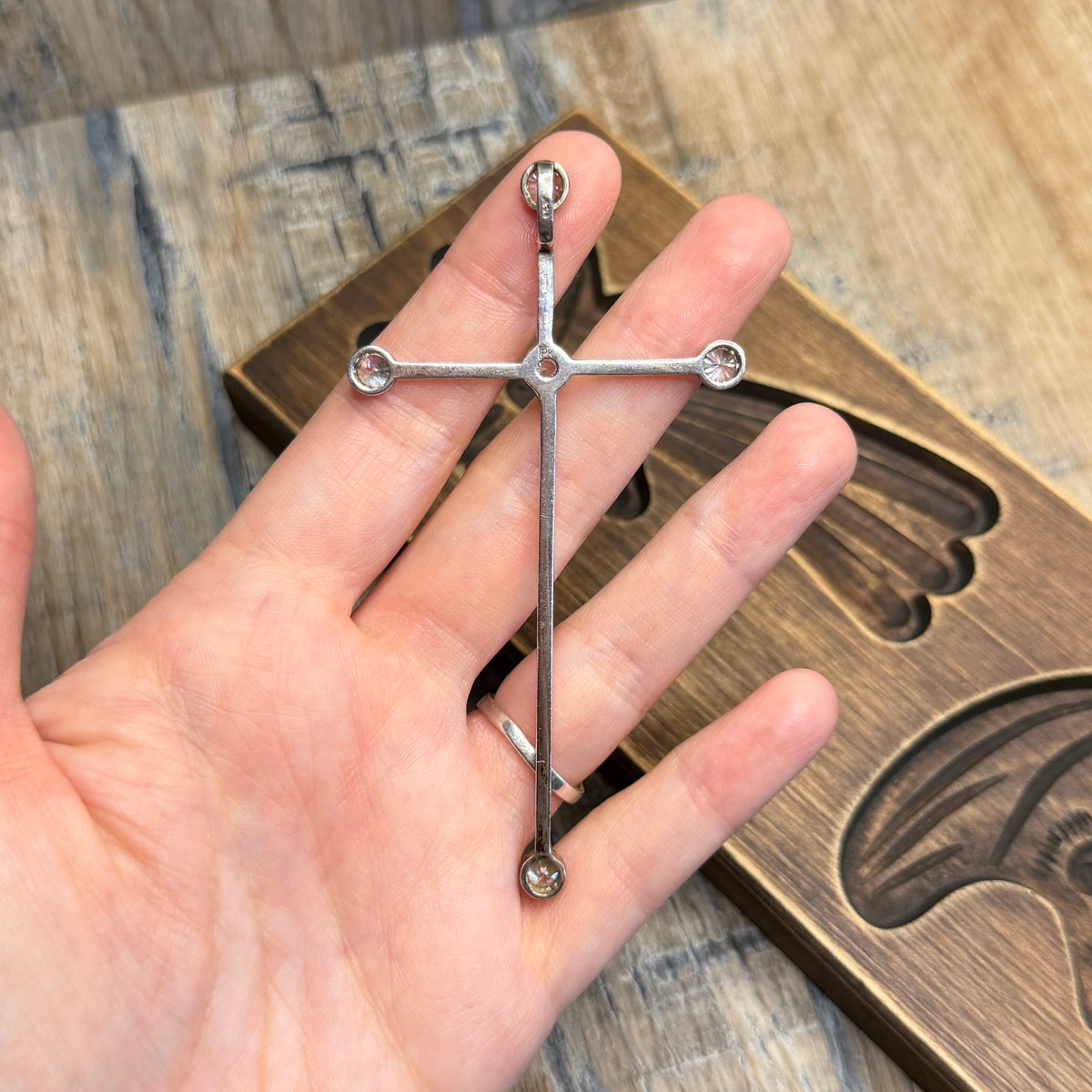 Whimsy Sterling Silver Huge Clear Stone Designer Cross Pendant