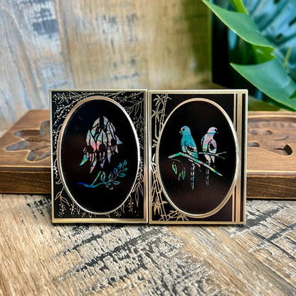 Vintage Miniature Opal Mosaic Birds and Flowers Picture Curios Set of 2