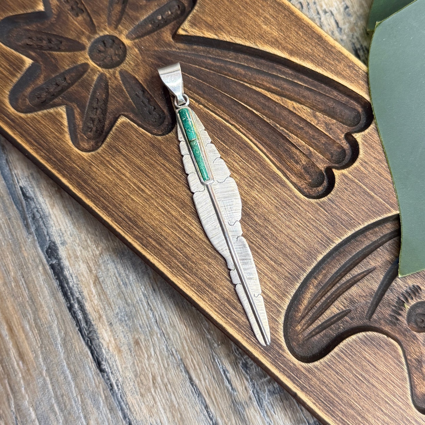 Stunning Large Navajo Michael Kirk Isleta Pueblo Inlaid Green Turquoise Sterling Silver Feather Pendant