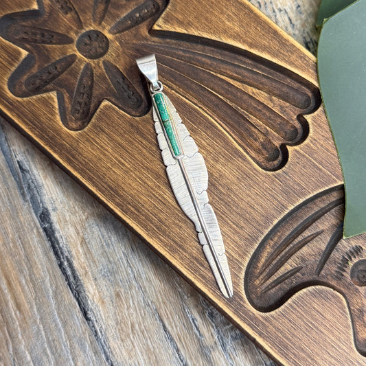 Stunning Large Navajo Michael Kirk Isleta Pueblo Inlaid Green Turquoise Sterling Silver Feather Pendant