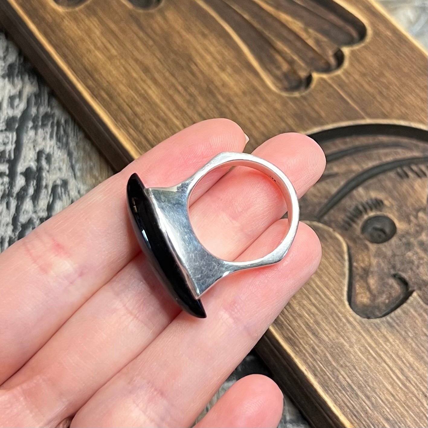 Chunky Modernist Sterling Silver Black Onyx Large Ring Size R 1/2