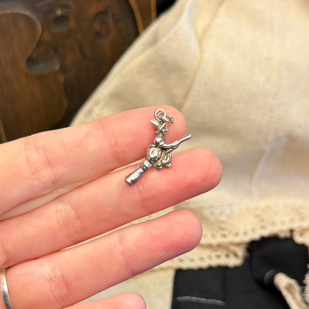 Spooky Sterling Silver Miniature Witch Flying on a Broom Charm / Pendant