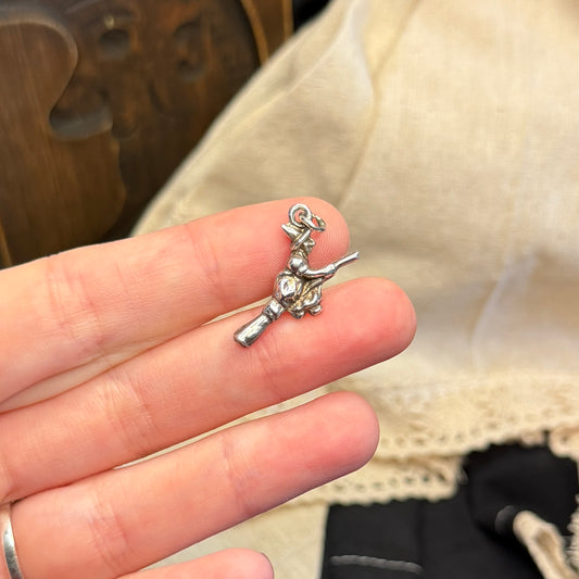 Spooky Sterling Silver Miniature Witch Flying on a Broom Charm / Pendant