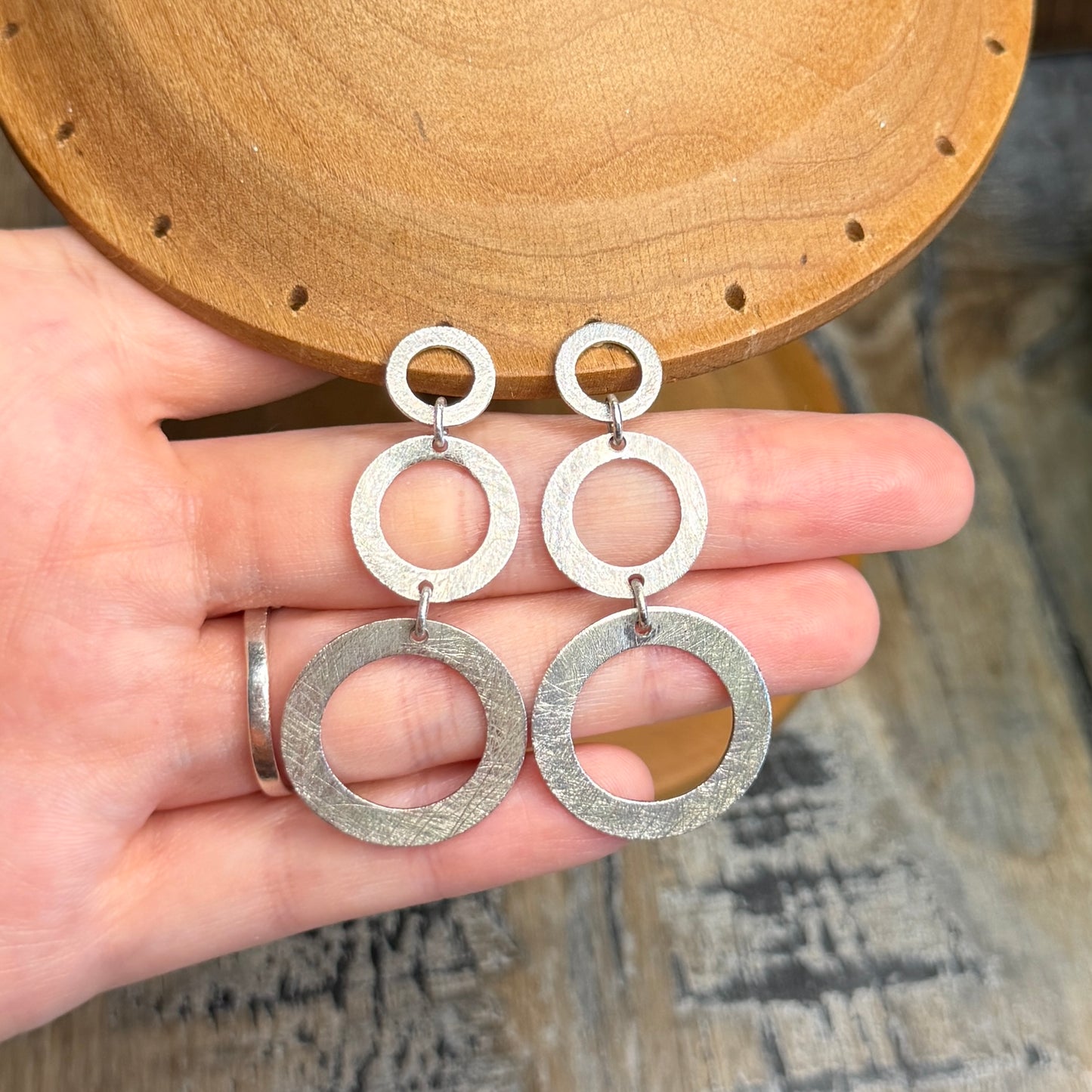 Modernist Cut Out Circle Brushed Sterling Silver Earrings