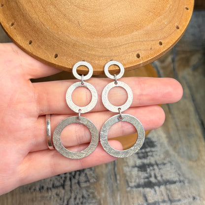 Modernist Cut Out Circle Brushed Sterling Silver Earrings