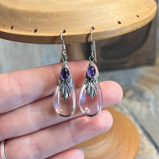 Dreamy Sterling Silver Amethyst Ornate Glass Drop Earrings