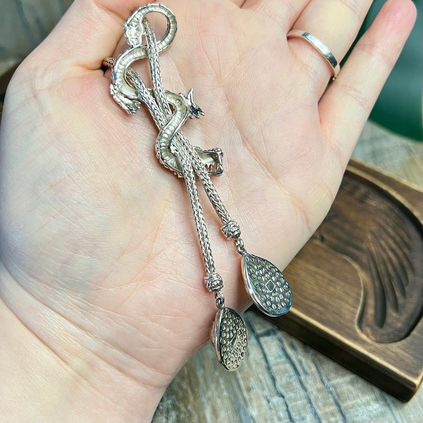Chunky Sterling Silver Bali Dragon With Ethiopian Opal Dropper Necklace