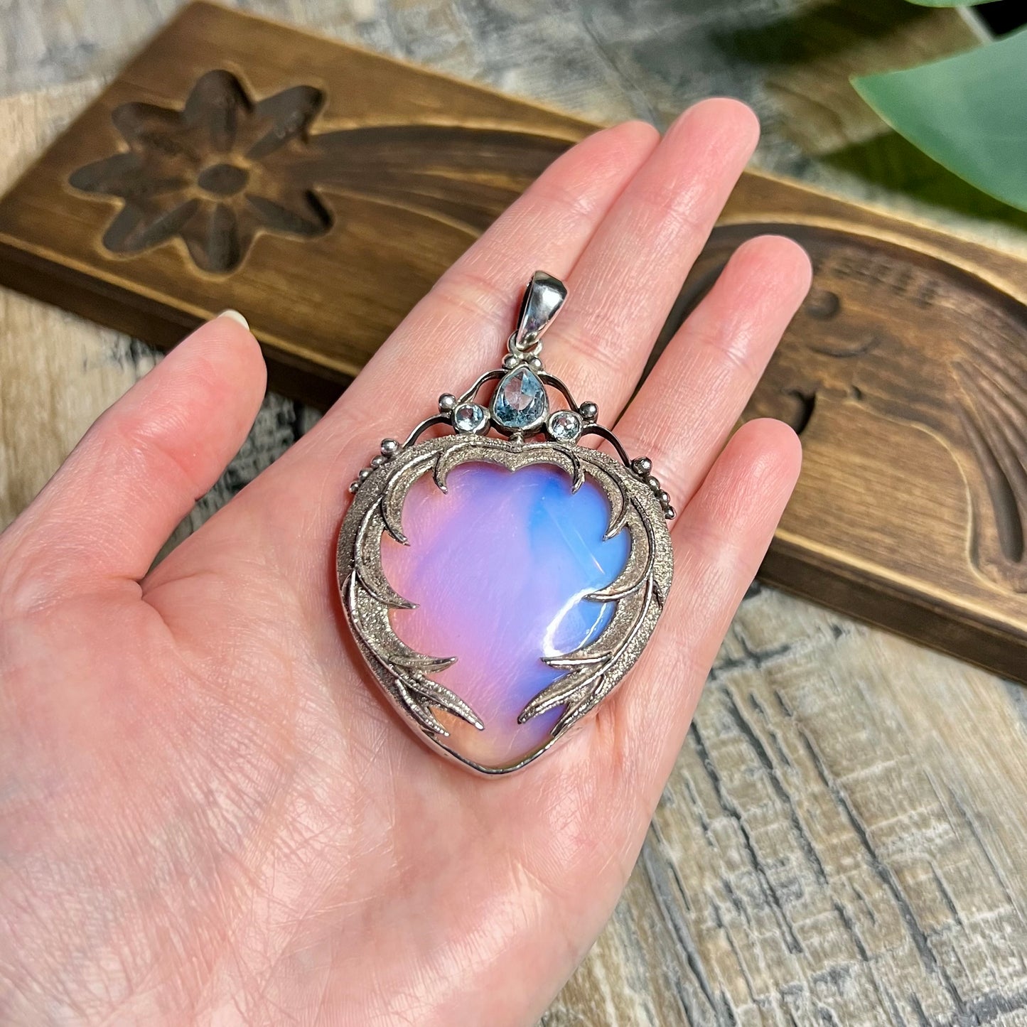 Dreamy Sterling Silver Angel Wing Opalite with Blue Topaz Pendant