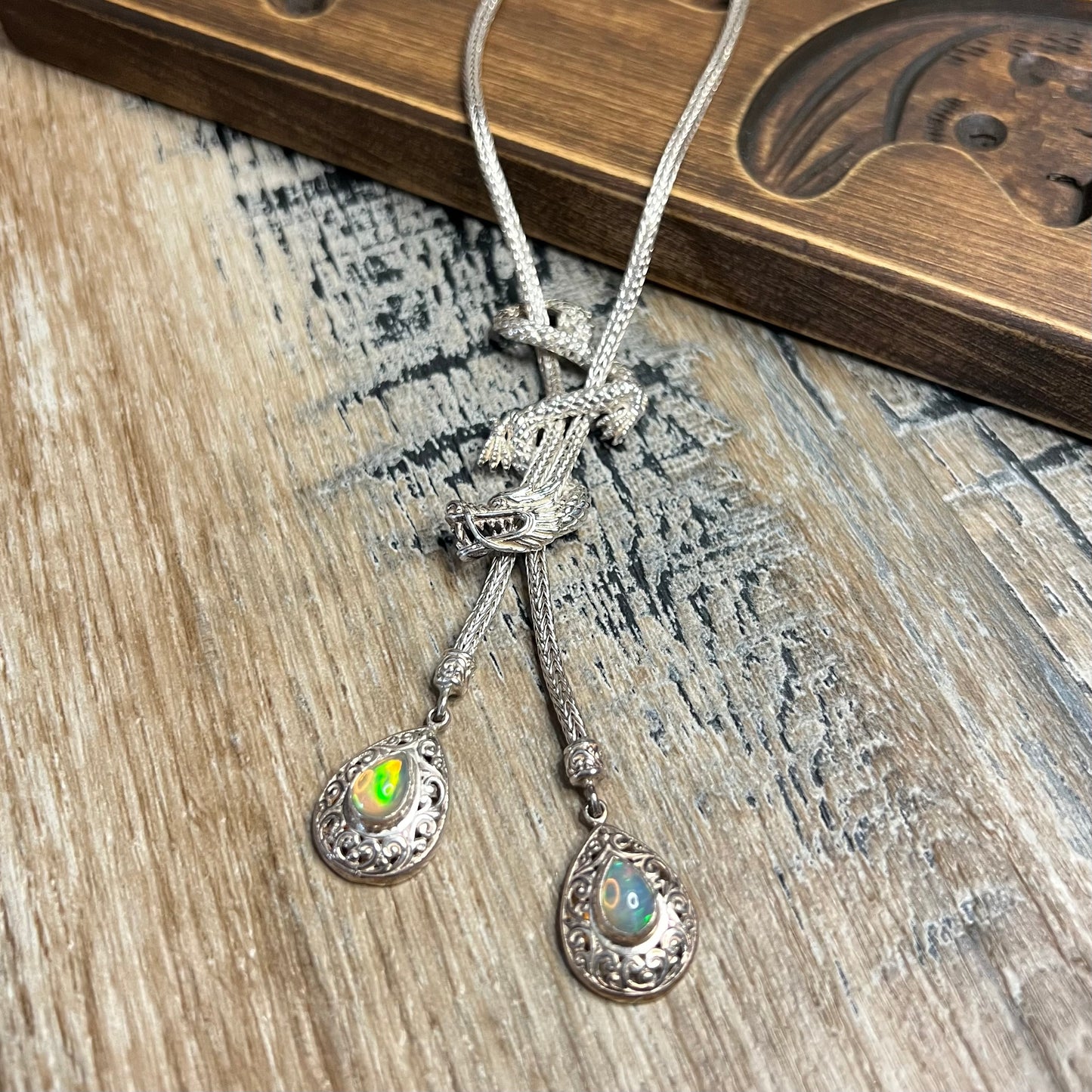 Chunky Sterling Silver Bali Dragon With Ethiopian Opal Dropper Necklace
