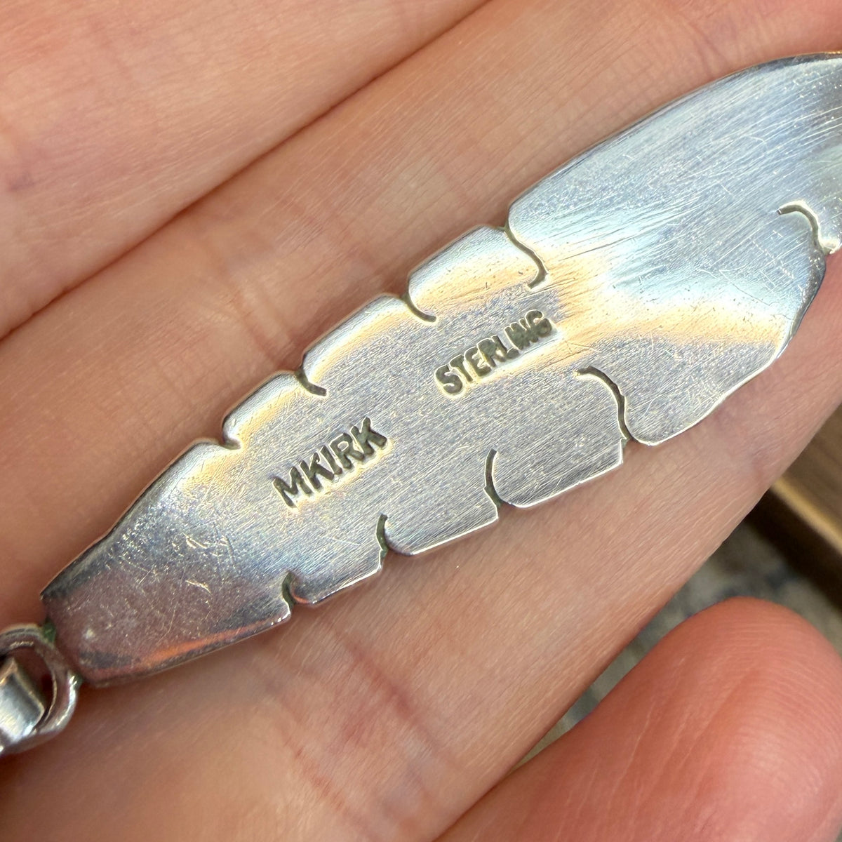 Stunning Large Navajo Michael Kirk Isleta Pueblo Inlaid Green Turquoise Sterling Silver Feather Pendant