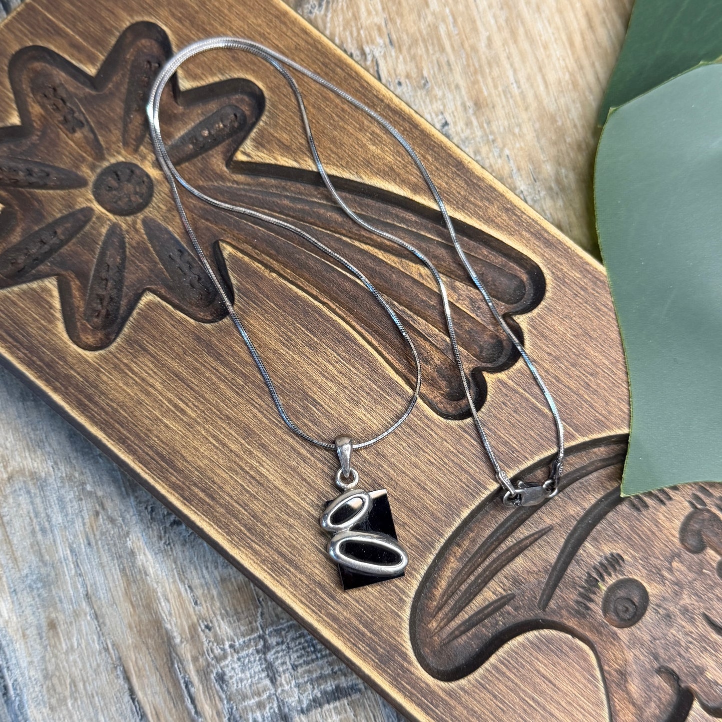 Simple Abstract Sterling Silver Black Onyx Pendant Necklace