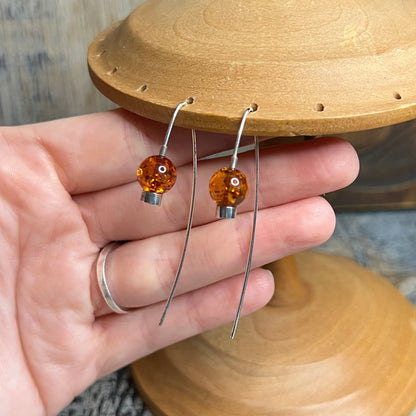 Minimalist Artisan Sterling Silver Amber Orb Wire Earrings