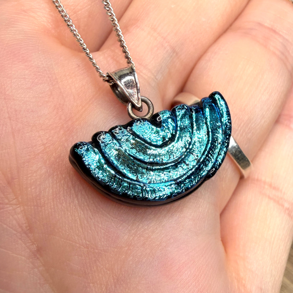 Celestial Sterling Silver Art Glass Half Moon Pendant Necklace