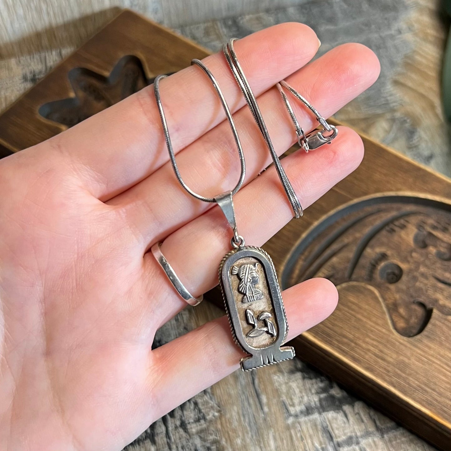 Chunky Egyptian Sterling Silver Cartouche Pendant Necklace