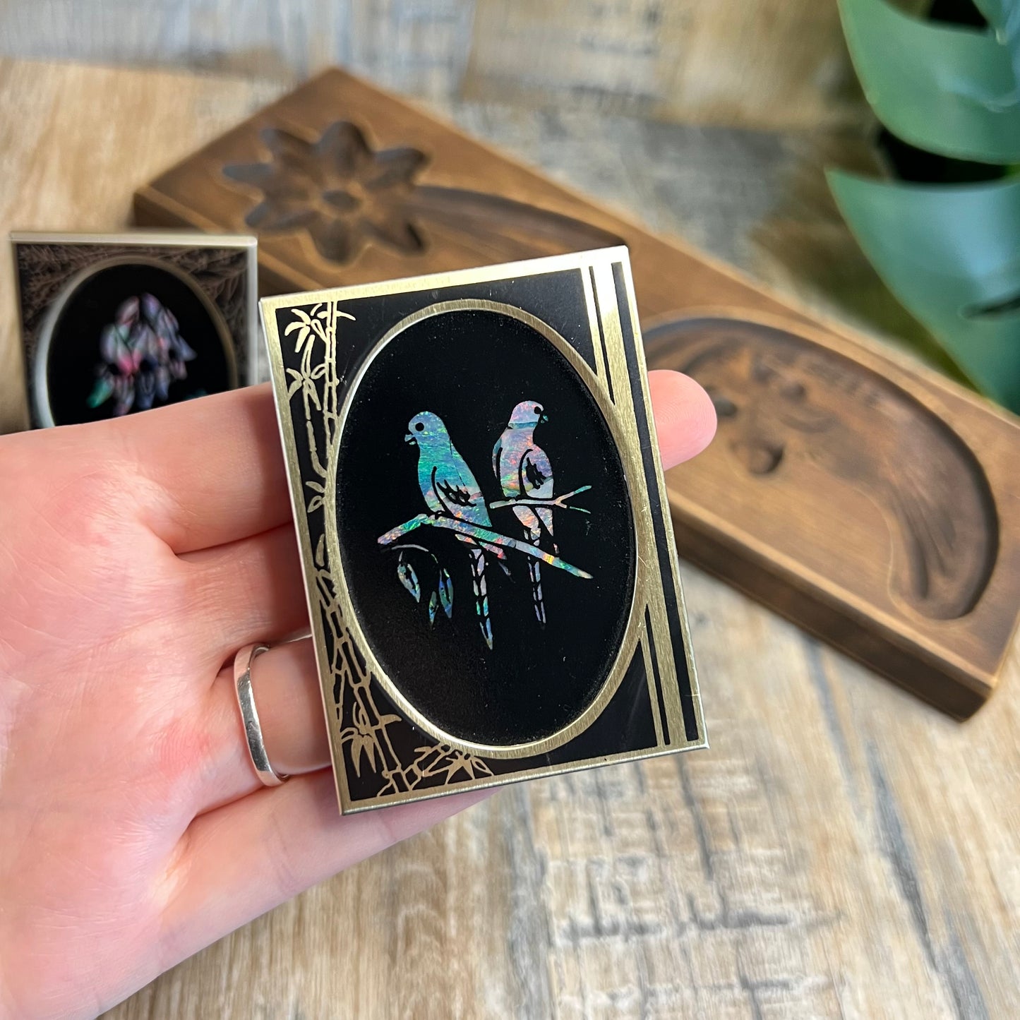 Vintage Miniature Opal Mosaic Birds and Flowers Picture Curios Set of 2