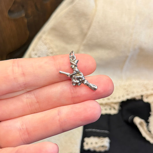 Spooky Sterling Silver Miniature Witch Flying on a Broom Charm / Pendant
