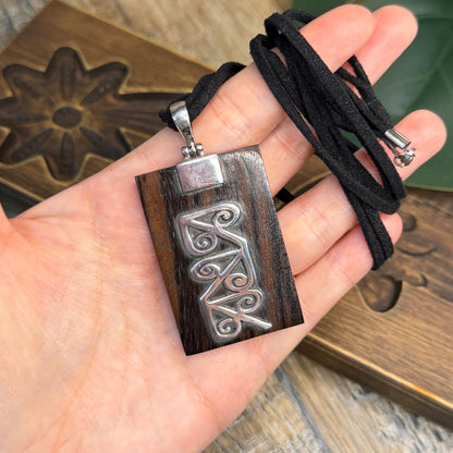 Whimsy Boho Wooden Sterling Silver Statement Pendant Necklace