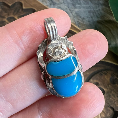 Beautiful Sterling Silver Turquoise Inlaid Scarab Beetle Pendant Charm