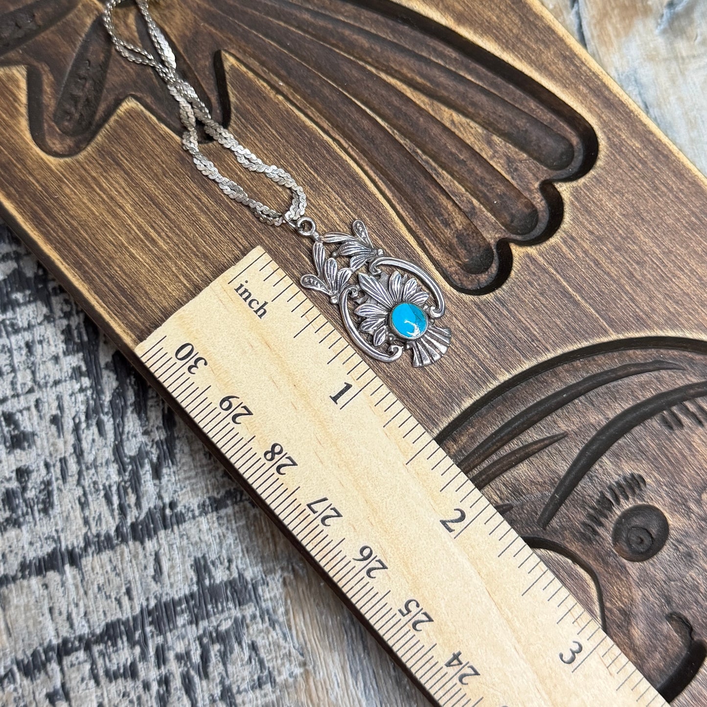 Beautiful Vintage Turquoise Floral Pendant and Textured Chain