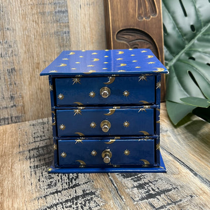 Celestial Moon and Star 90s Mini Three Drawer Storage / Jewellery Box Curio