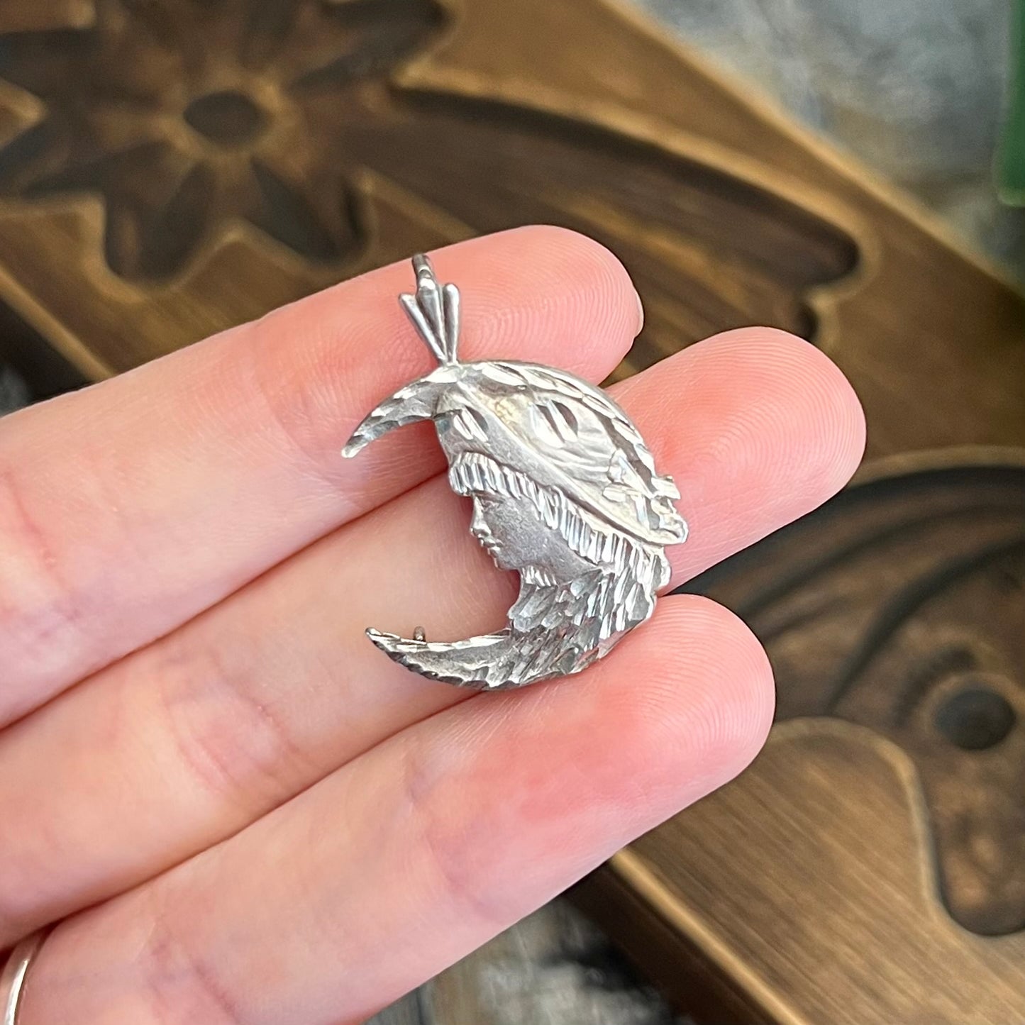 Dreamy Lady In The Moon Art Nouveau Style Sterling Silver Etched Pendant