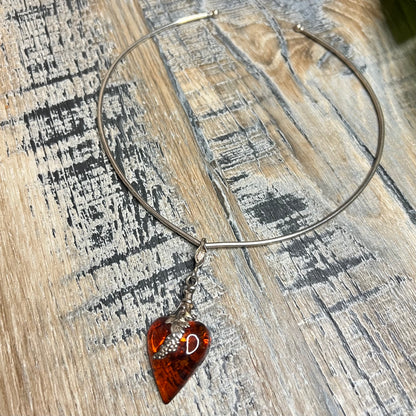 Dreamy Artisan Sterling Silver Art Nouveau Style Amber Drop V Neck Torque Collar Necklace