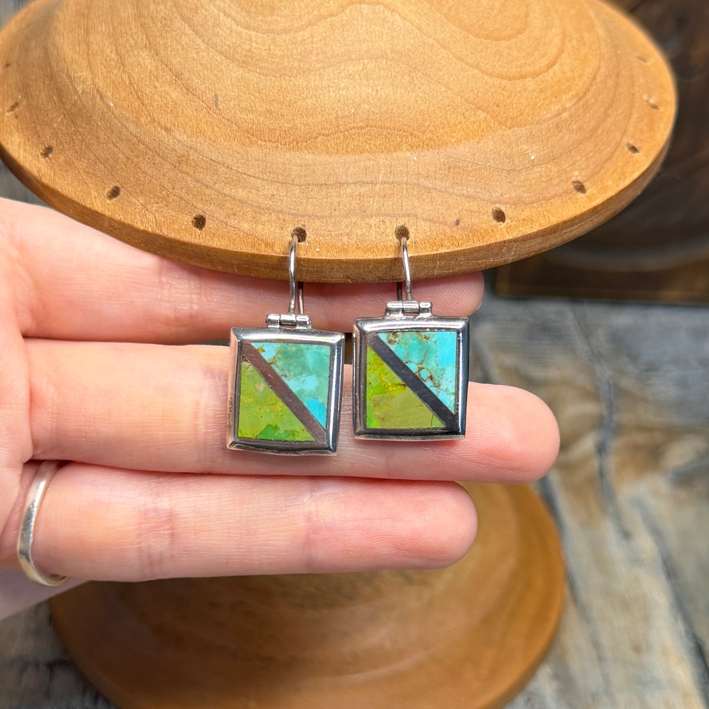 Beautiful Sterling Silver Two Tone Inlaid Turquoise Articulated Earrings