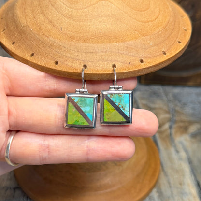 Beautiful Sterling Silver Two Tone Inlaid Turquoise Articulated Earrings