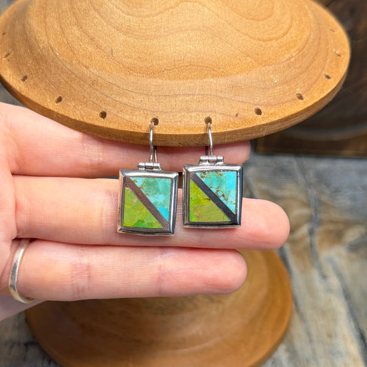 Beautiful Sterling Silver Two Tone Inlaid Turquoise Articulated Earrings