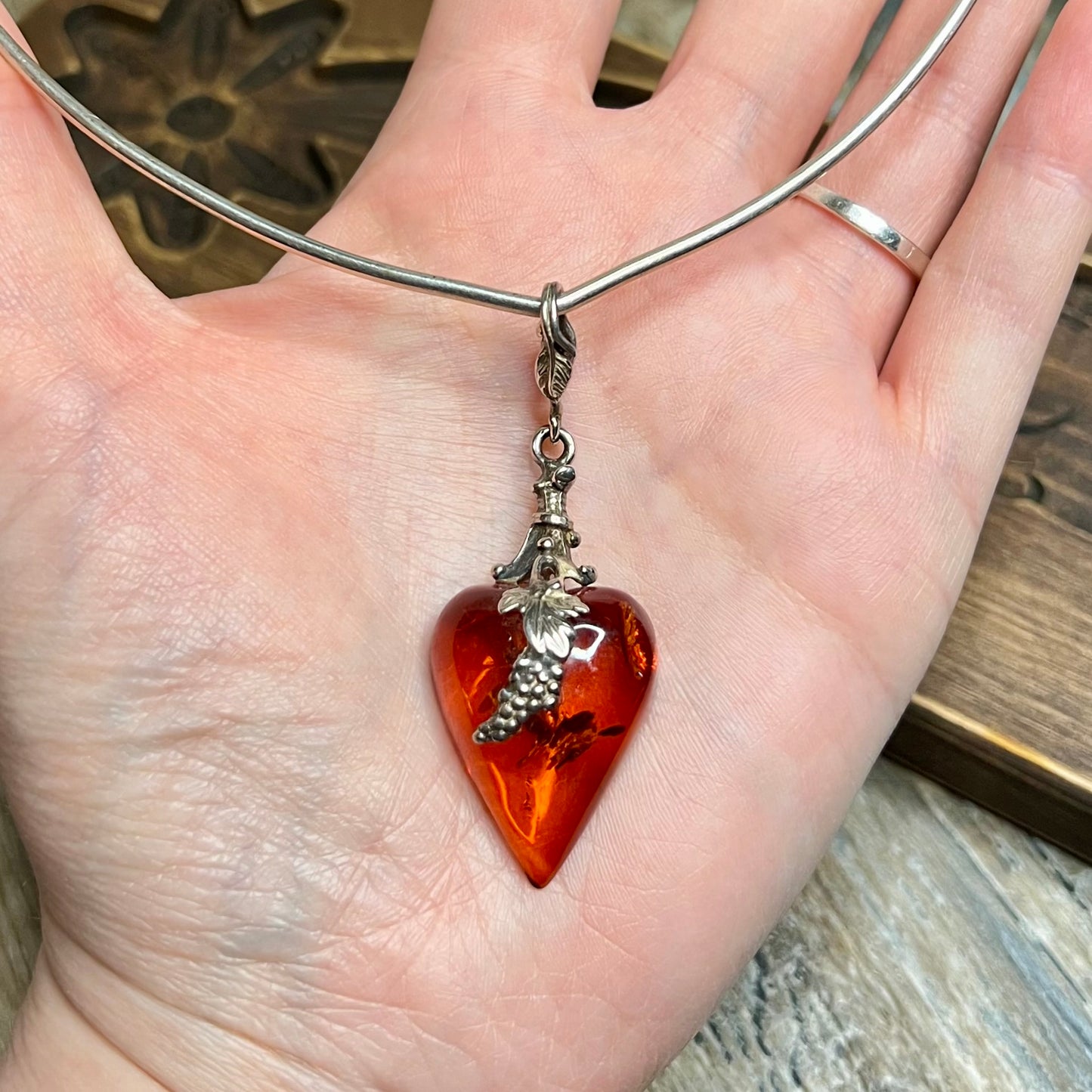 Dreamy Artisan Sterling Silver Art Nouveau Style Amber Drop V Neck Torque Collar Necklace