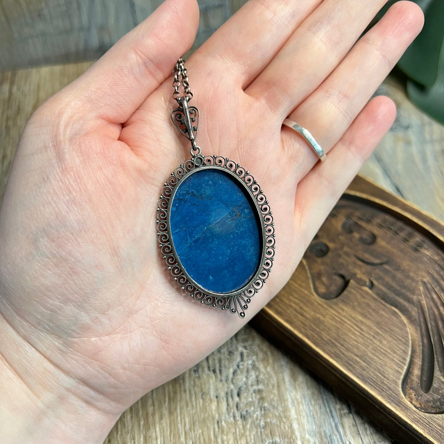 Antique Large Cannetille Filigree Silver Lapis Lazuli Cabochon Pendant Necklace