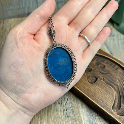 Antique Large Cannetille Filigree Silver Lapis Lazuli Cabochon Pendant Necklace