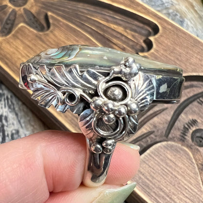 Dreamy Large Artisan Sterling Silver Abalone Shell Floral Ornate Ring size R 1/2