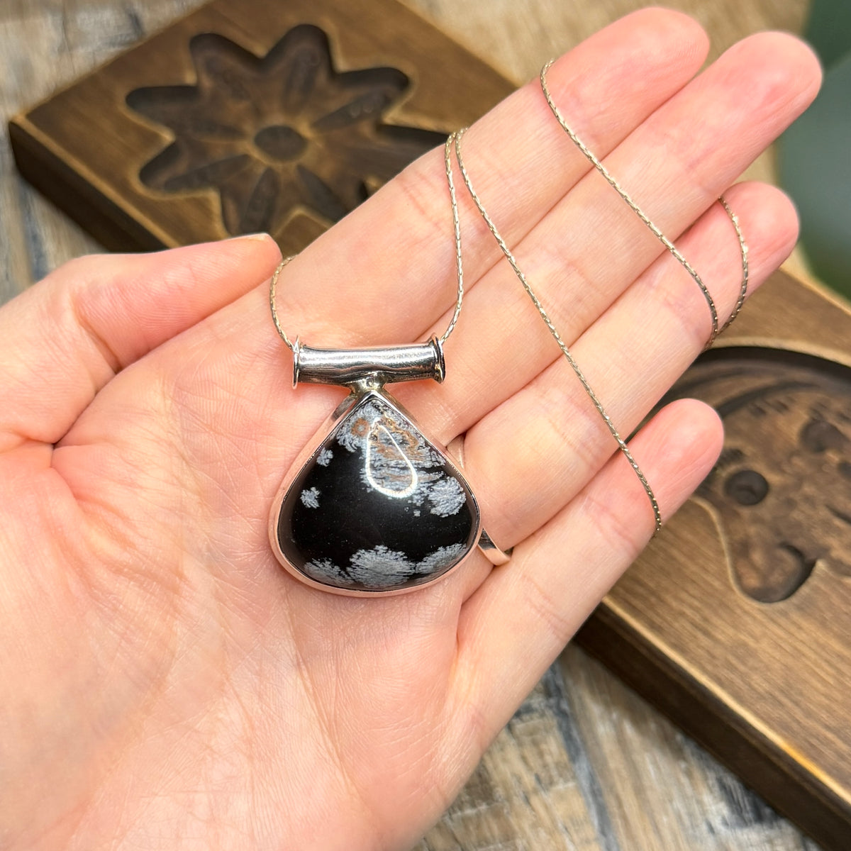 Chunky Sterling Silver Snowflake Obsidian Pendant Necklace