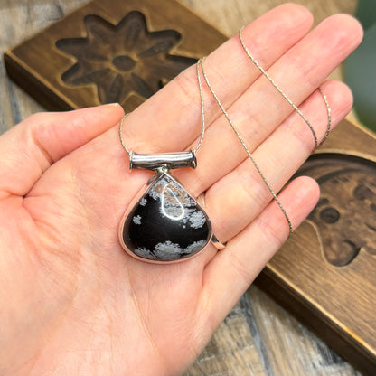 Chunky Sterling Silver Snowflake Obsidian Pendant Necklace
